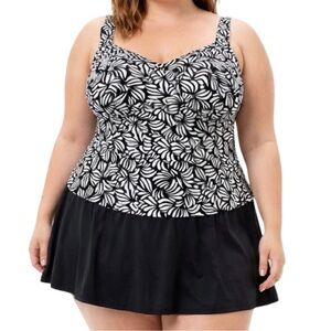 Azul 22W Swimdress One Piece Black White Built-In Cups Skirted Plus Excellent